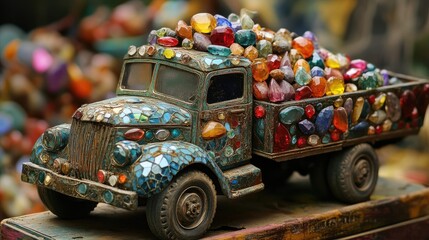 Antique truck adorned with colorful gemstones, parked at an artistic display showcasing vibrant crystals and minerals, creating a whimsical and enchanting scene for photography enthusiasts.