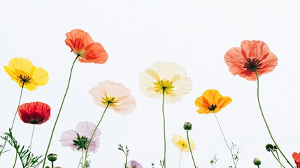 Fototapeta premium Vibrant Poppy Flowers in Various Colors Leaning Towards the Sky Against a Soft White Background Showcasing Natures Beauty and Delicate Petal Structures