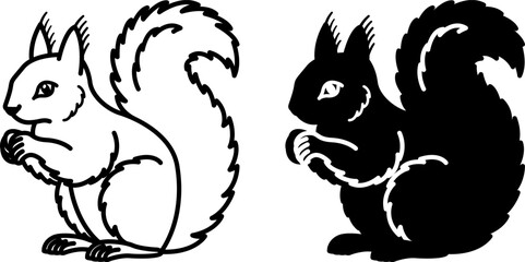 Squirrel Icons. Black and White Vector Illustrations. Mammal, Rodent, Forest Animal. Cute Fluffy Squirrel. For Coloring Book Design. Animal Concept