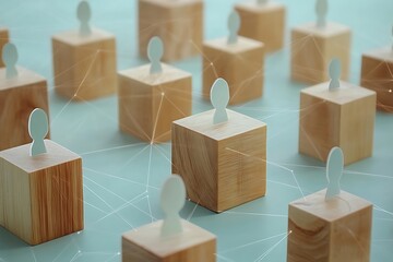 Interconnected Individuals Light Wood Cubes Network