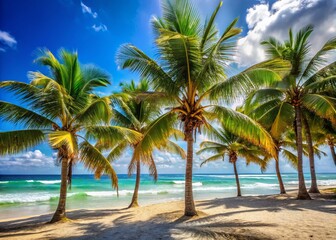 Fototapeta premium Summer Palm Trees on a Beautiful Beach in Mexico, Capturing the Serenity of Tropical Paradise with Vibrant Colors and Clear Blue Skies, Perfect for Travel and Relaxation Themes