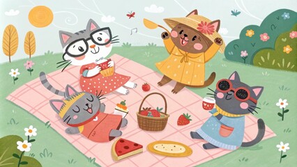 A whimsical gathering of cat enthusiasts relaxes on a picnic blanket their colorful outfits and playful accessories creating a festive atmosphere in the sun.