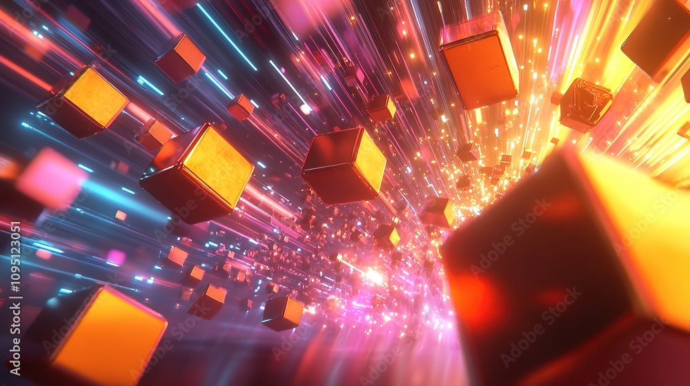 Poster a vibrant scene of floating cubes and light trails representing digital motion.