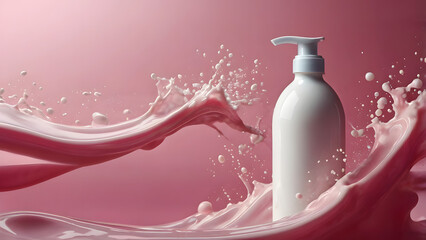 White large bottle with dispenser for cosmetic products body and hair care on pink background around pink waves and splashes of water