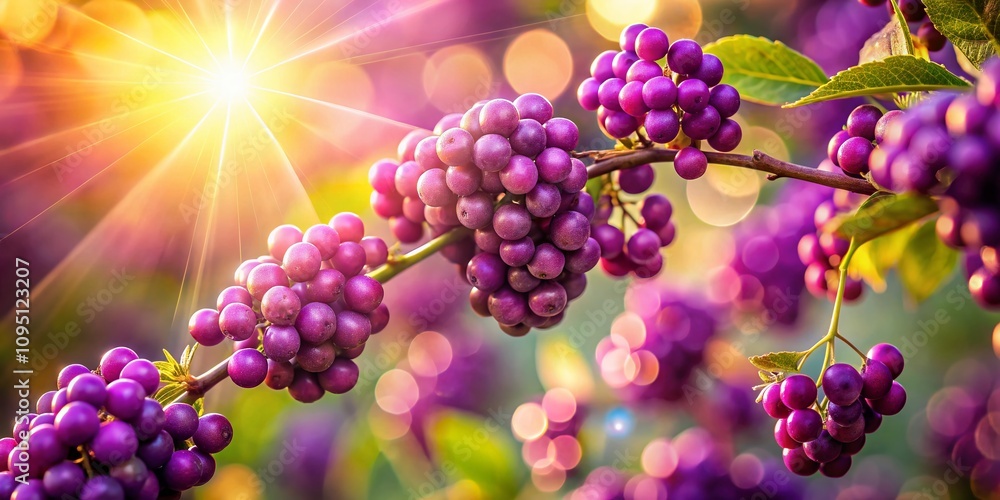 Poster sunlight illuminates lush purple berries surrounded by soft bokeh background in a natural setting fo