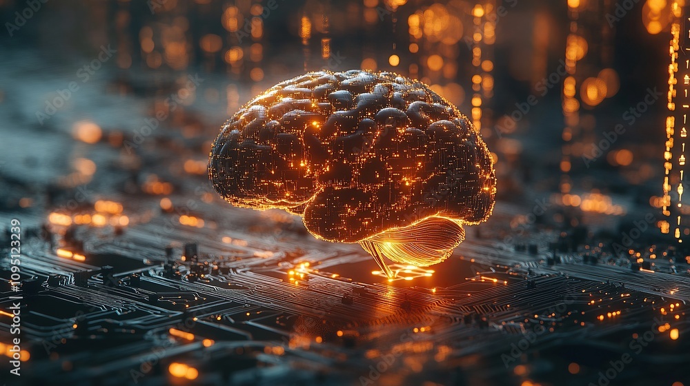 Poster a futuristic brain hovering above a circuit board, symbolizing advanced technology.
