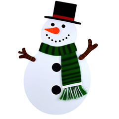 A snowman with a green scarf and a black hat. Isolated on transparent background.