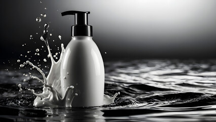 White bottle with black dispenser around splashes milk on dark background Beauty Concept hand soap