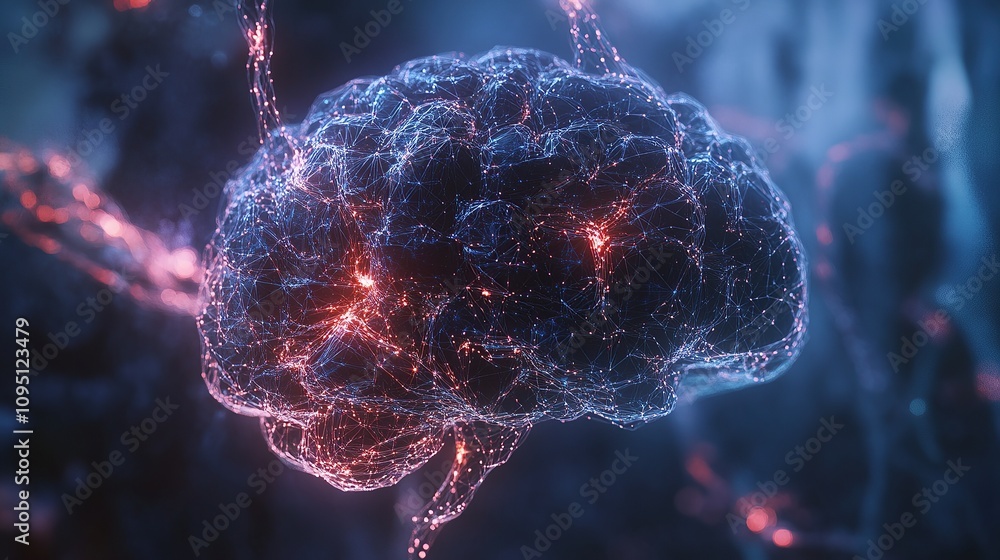Poster a digital representation of a brain connected by glowing neural pathways.