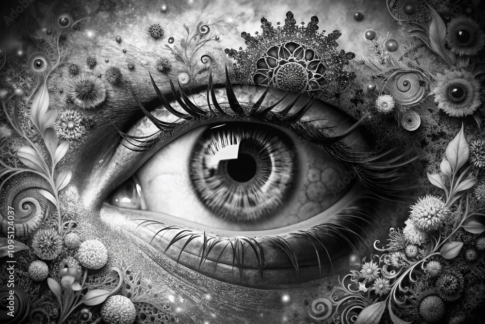 Poster surreal black and white eye art: a captivating exploration of vision and perception in monochrome im