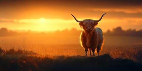 Highland Cow Silhouetted Against a Sunset Sky