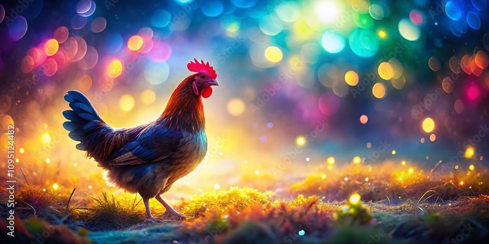 Poster surreal chicken outline against an ethereal landscape blending reality and imagination with colorful