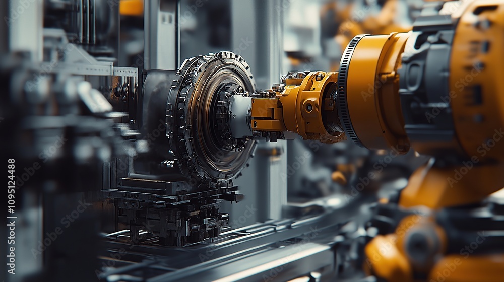 Poster a robotic arm assembling mechanical components in a high-tech industrial setting.