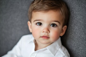 Fototapeta premium A young boy dressed formally in a white shirt and tie, suitable for school or special occasions