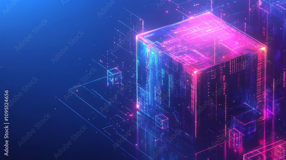 Poster abstract glowing cube with digital code and circuit lines.
