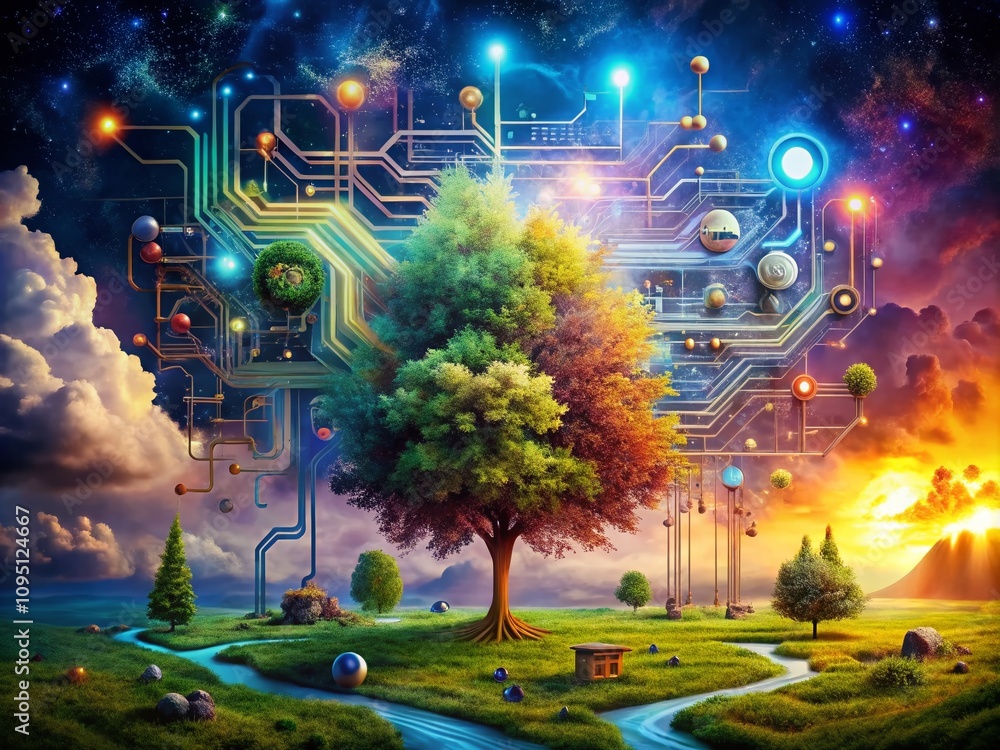Aufkleber surreal circuitry: a dreamlike exploration of series diagrams and electric flow in an abstract lands