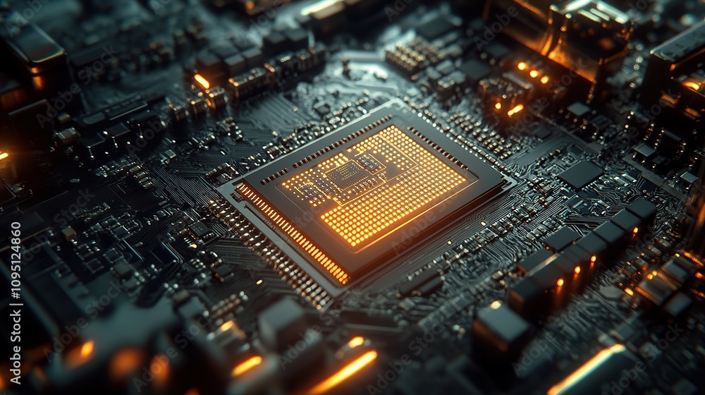 Poster close-up view of a computer chip on a circuit board with glowing elements.