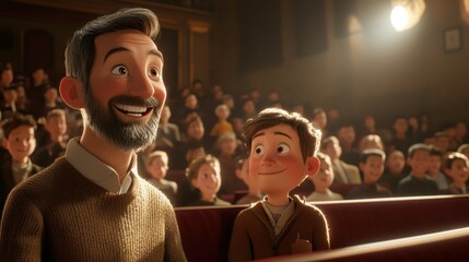 Obraz premium A cheerful father and son share a moment of joy while watching a live performance in a packed theater audience.
