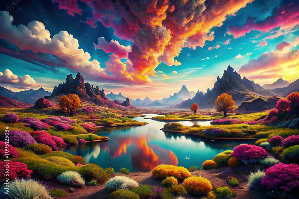 Poster surreal color harmony: a dreamlike exploration of vibrant tones and textures blending in a mystical 
