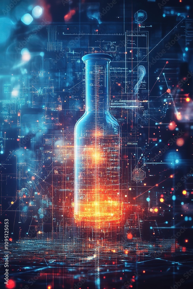 Poster futuristic glowing flask with digital overlay and bokeh