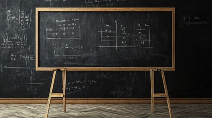 Chalkboard with complex math equations in classroom