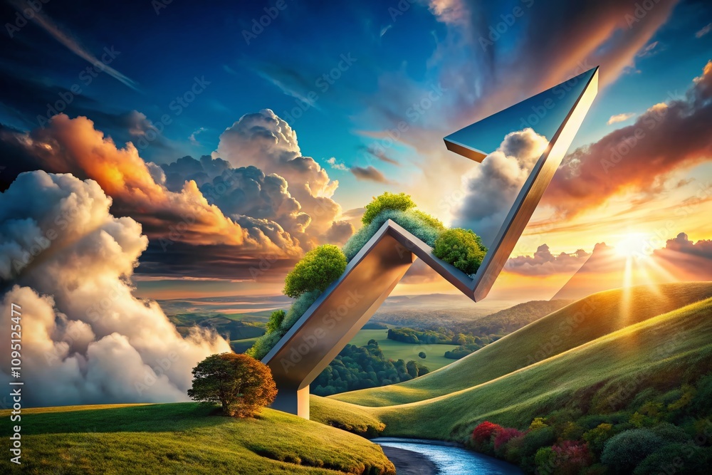 Aufkleber surreal depiction of a growing arrow pointing downward surrounded by abstract elements and dreamlike