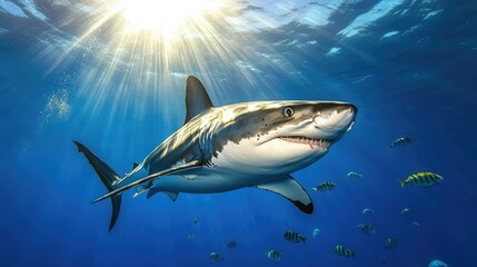 Fototapeta premium Majestic Great White Shark Swimming Gracefully in Crystal Clear Ocean Water Under Bright Sunlight with Vibrant Fish in the Background