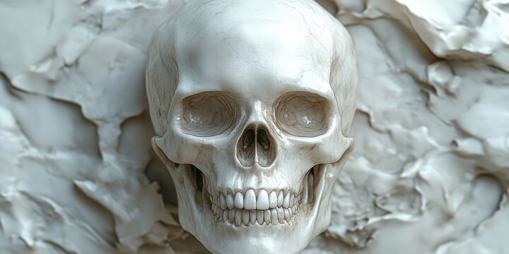 Human Skull Resting on a Textured White Surface