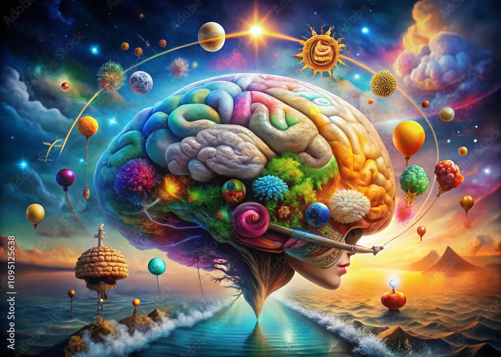 Poster surreal diagram of the brain with labeled regions, merging reality and imagination for a unique expl