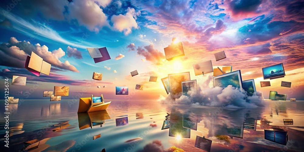 Poster surreal digital folder landscape: a dreamlike exploration of data and reality with floating folders,
