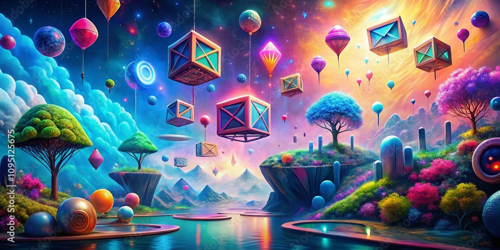 Aufkleber surreal digital communication landscape with floating email, phone, and web symbols merging into a d