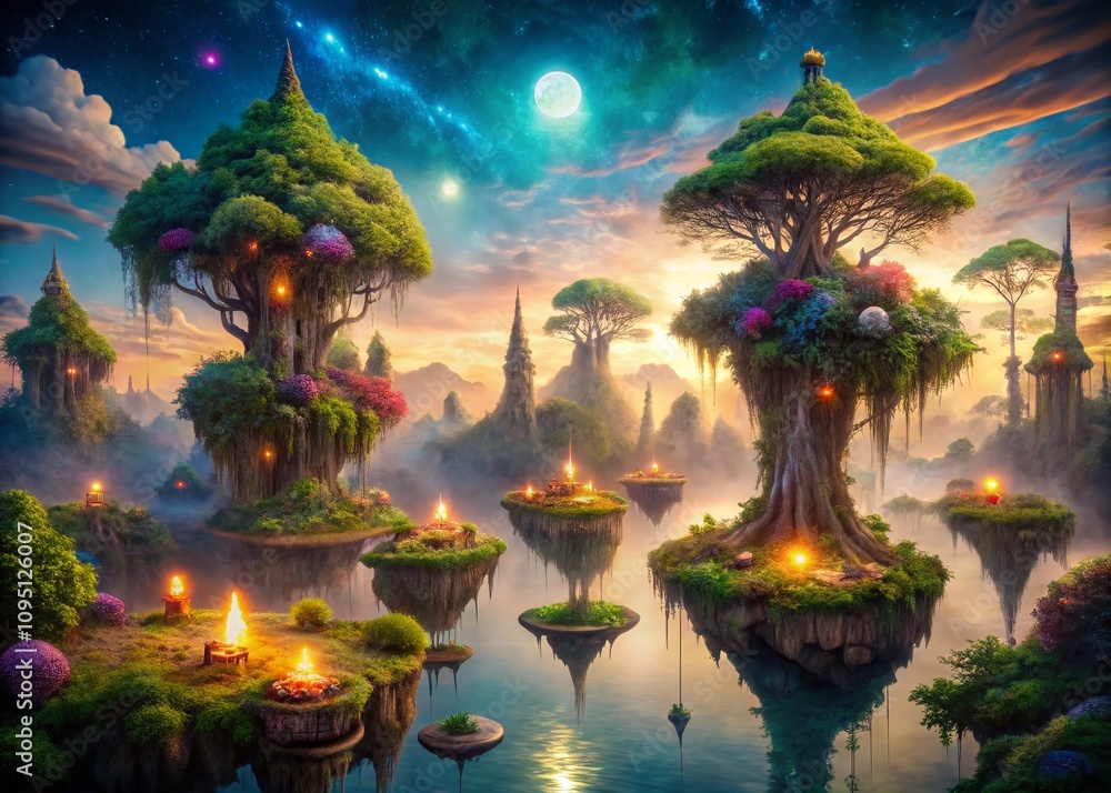 Poster surreal dreamscape: an enchanted forest with floating islands, mystical creatures, and ethereal ligh