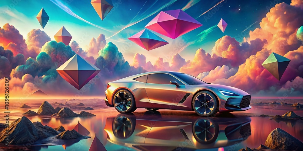 Poster surreal dreamscape: a futuristic coupe in a whimsical landscape with floating elements and ethereal 