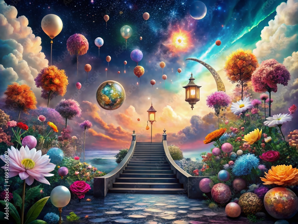 Poster surreal dreamscape: a whimsical journey through a colorful fantasy world filled with floating object