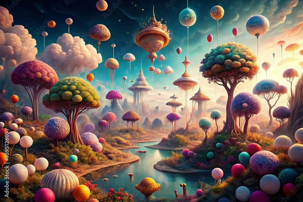 Poster surreal dreamscape featuring an ethereal landscape with floating elements and enigmatic figures, cap