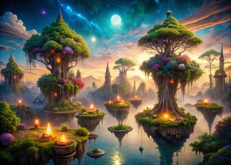 Surreal Dreamscape: An Enchanted Forest with Floating Islands, Mystical Creatures, and Ethereal Light Creating a Whimsical Atmosphere of Fantasy and Imagination