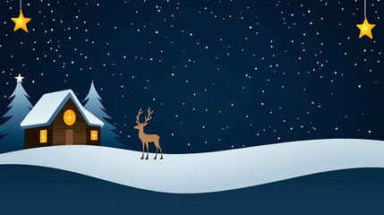 Fototapeta premium Winter night scene with a cozy cabin, snow, reindeer, and twinkling stars in the sky.