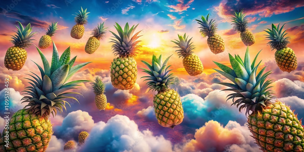Poster surreal dreamscape of pineapples: floating in a colorful sky with whimsical clouds and abstract land