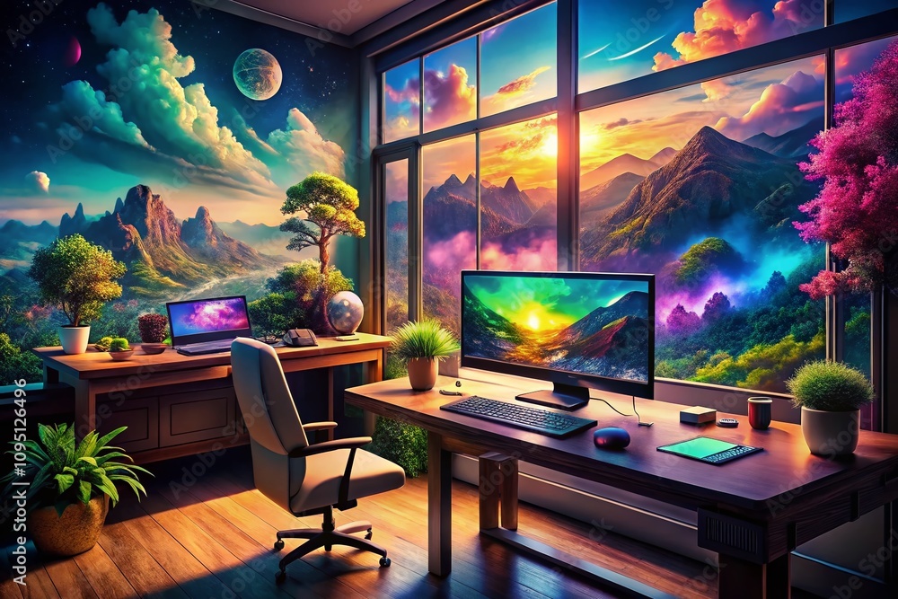Aufkleber surreal dreamscape of video editing tools blending reality with imagination in a colorful adobe suit