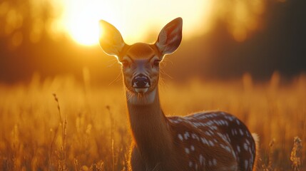 Young deer in golden sunset field with warm light and nature scenery