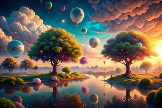 Surreal Dreamscape of Riley Images with Ethereal Landscapes, Floating Objects, and Vibrant Colors Capturing the Essence of Imagination and Fantasy in a Whimsical Setting