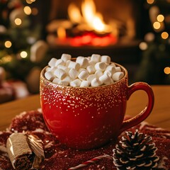 Cup of cocoa with marshmallow in winter Christmas or New Year style cozy picture with fireplace and Christmas tree