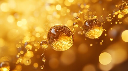 Close-up of radiant golden bubbles against a soft blurred background, evoking a sense of luxury and celebration.