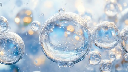 Fototapeta premium Close-up of luminous water bubbles reflecting light, creating a serene and refreshing atmosphere in a blue background.