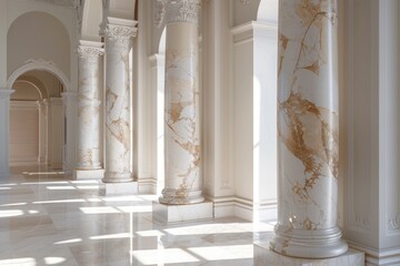 A room with architectural details, featuring columns and a clock on the wall