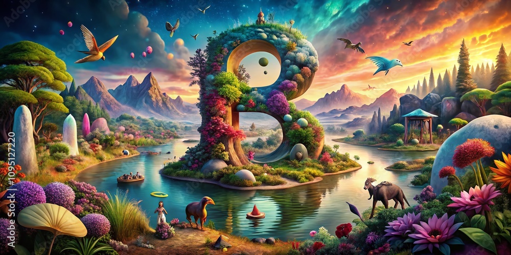 Poster surreal exploration of the letter b: a dreamlike journey through whimsical elements and abstract for
