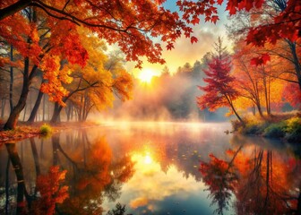 Surreal Fall Landscape: Enchanted Forest with Colorful Leaves, Dreamy Fog, and Ethereal Light, Capturing the Essence of Autumn's Magic in a Whimsical Setting