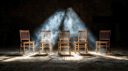 Antique Wooden Chairs in Dusty Workshop Sunlight Beams