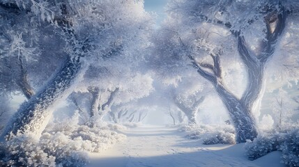 Obraz premium The snow-covered trees in the valley were coated with white rime, creating an atmosphere of tranquility and beauty