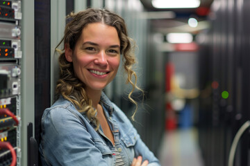 smiling female technician in server room